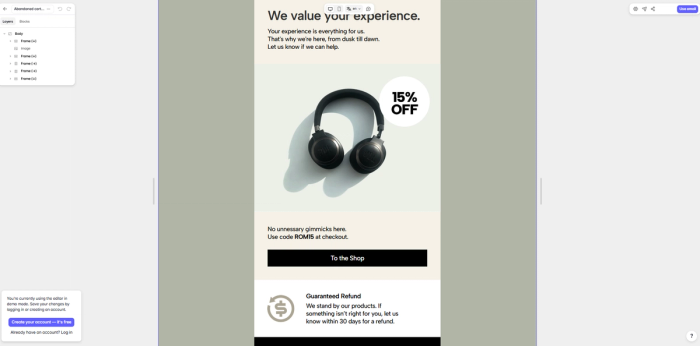 Abandoned cart - discount offer email template built with Tabular's email builder